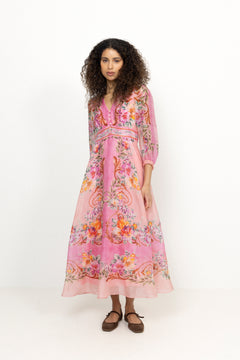 Frida Long Dress Silk Linen - Coral
