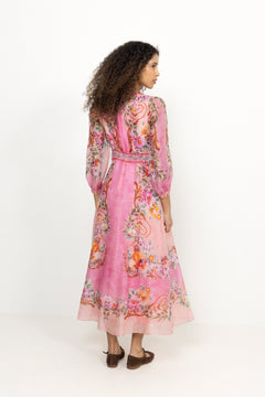 Frida Long Dress Silk Linen - Coral