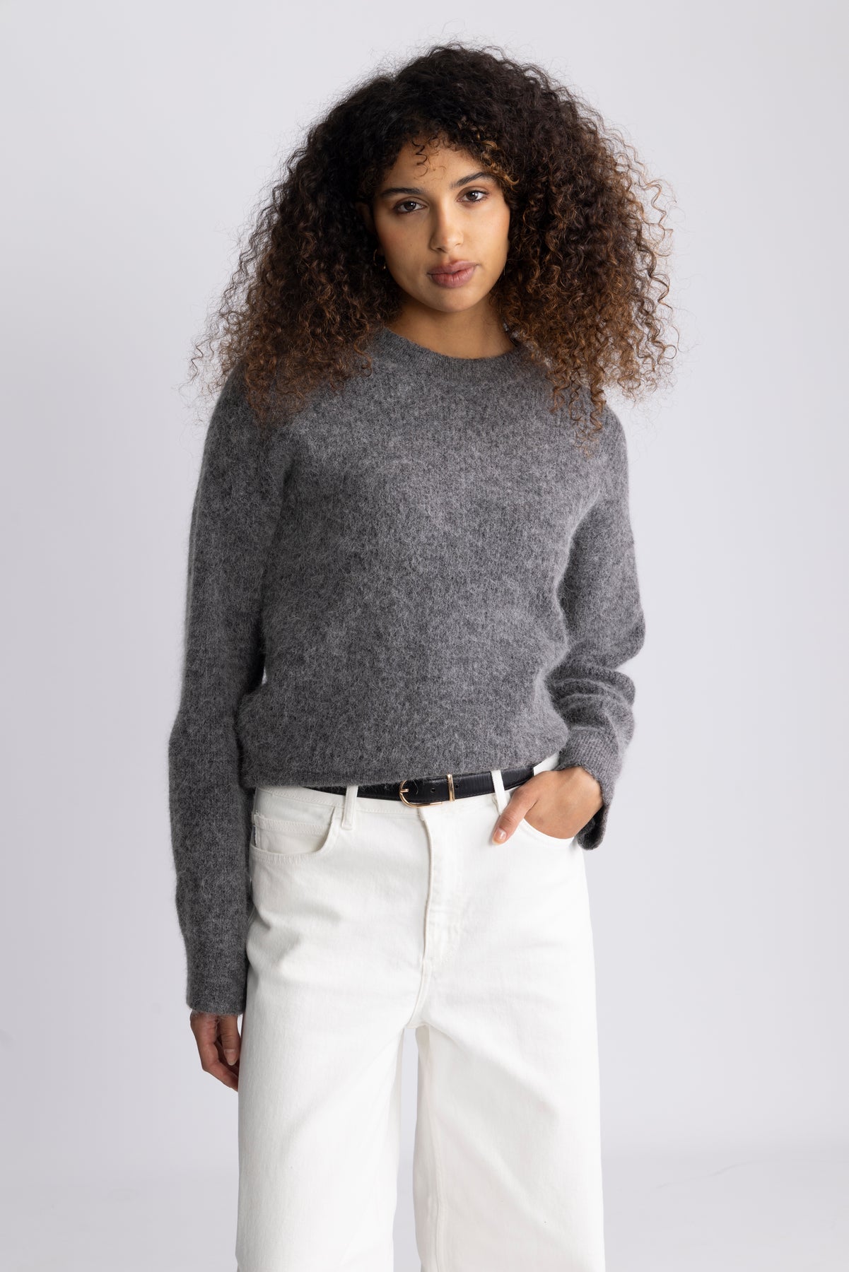 Sia Ras Ls Knit New O-Neck - Medium Grey Melange