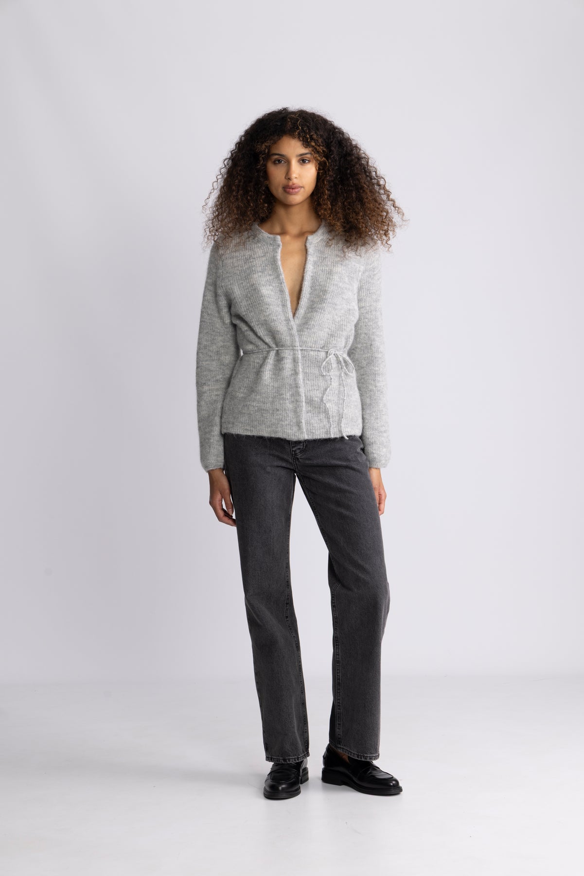 Sia Ras Ls Knit Belt Cardigan - Light Grey Melange