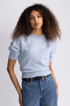 Lulu Ss Open Back Knit O-Neck - Cashmere Blue