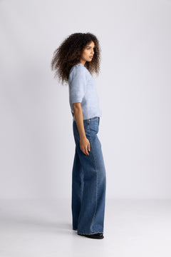 Lulu Ss Open Back Knit O-Neck - Cashmere Blue
