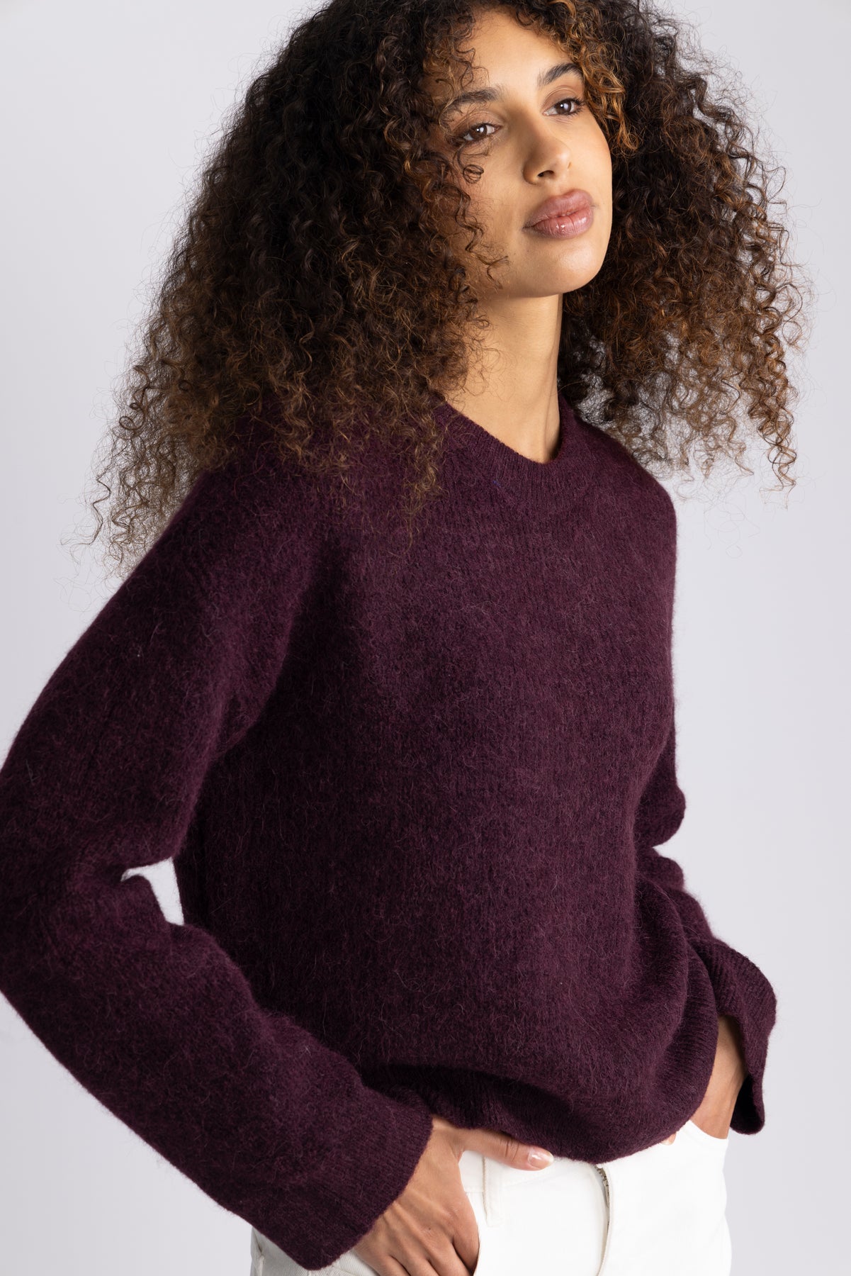 Sia Ras Ls Knit New O-Neck - Fig Melange