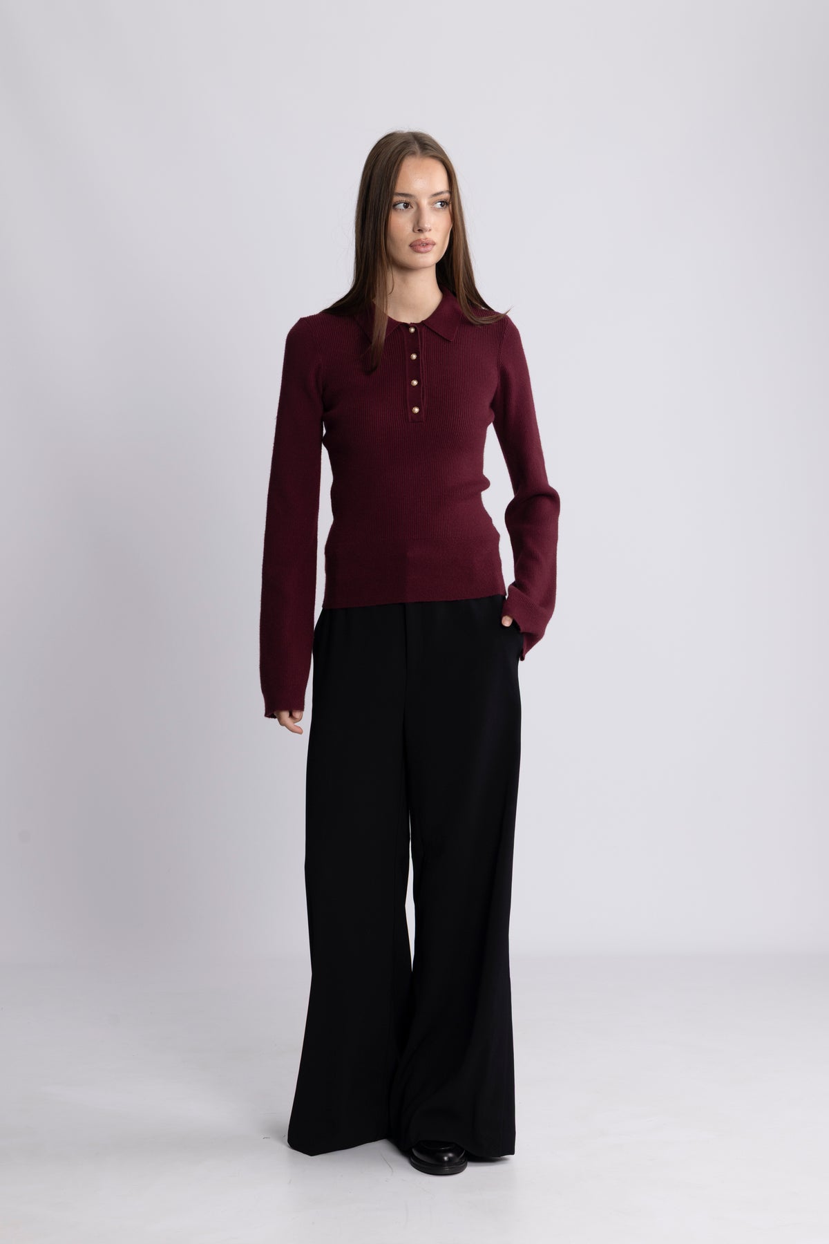 Marte LS Rib Polo Knit  - Wine
