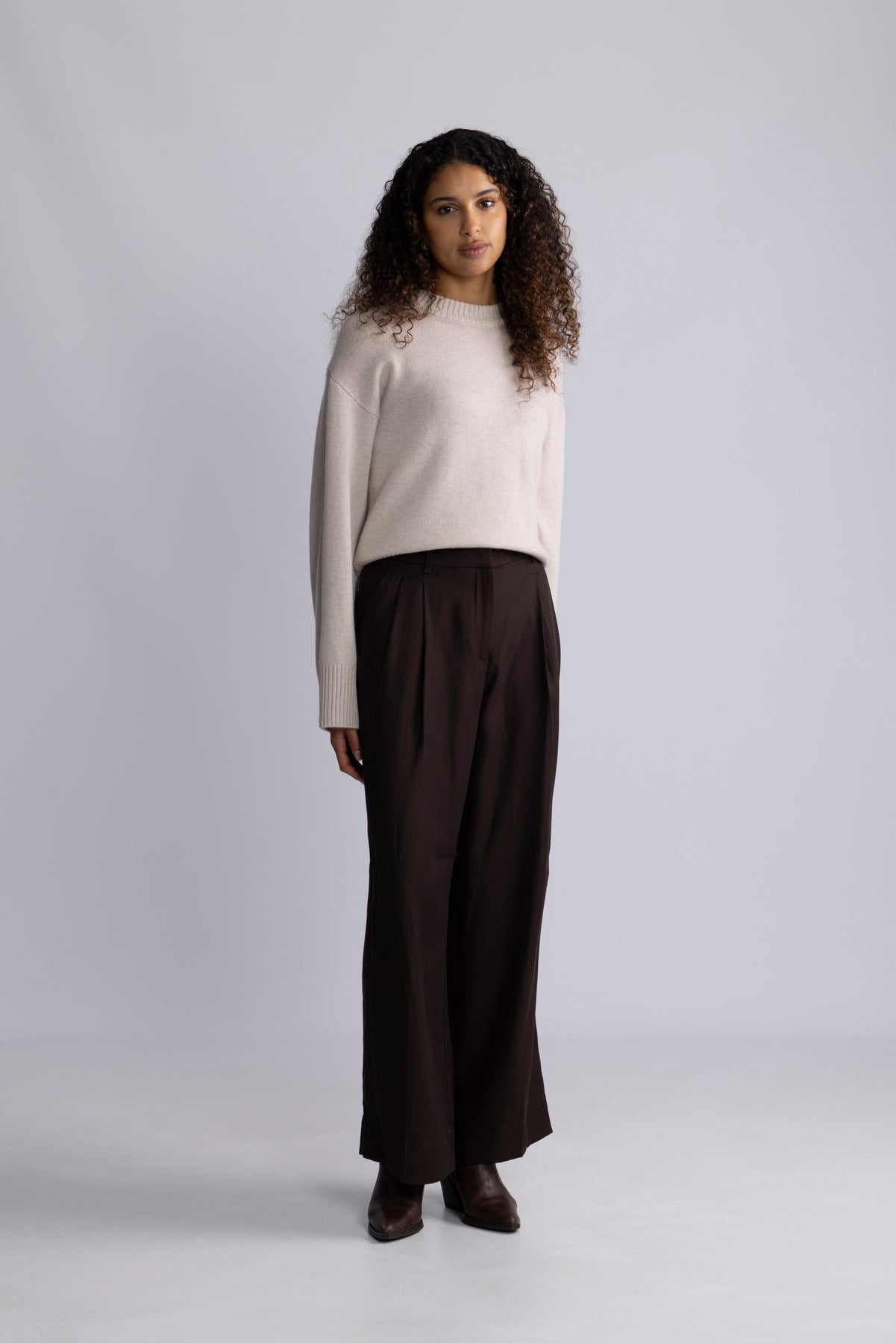 Cille Cashmere Blend Ls Knit O-Neck - Oatmeal