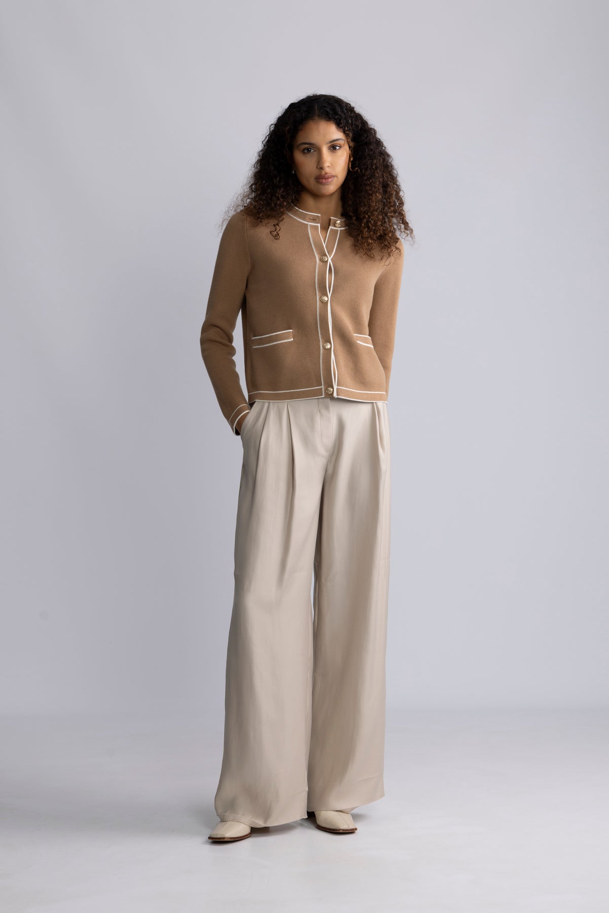 Contrast Knit Cardigan - Warm Khaki