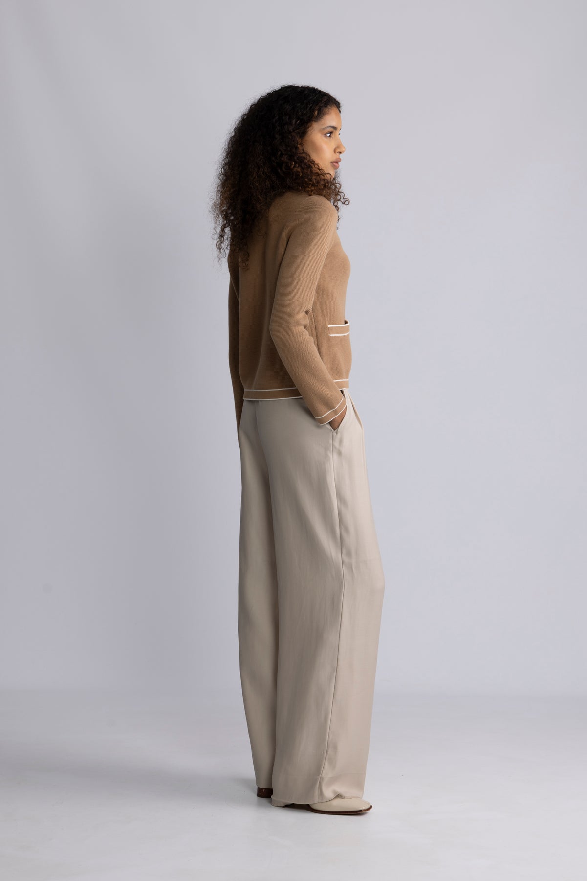 Contrast Knit Cardigan - Warm Khaki