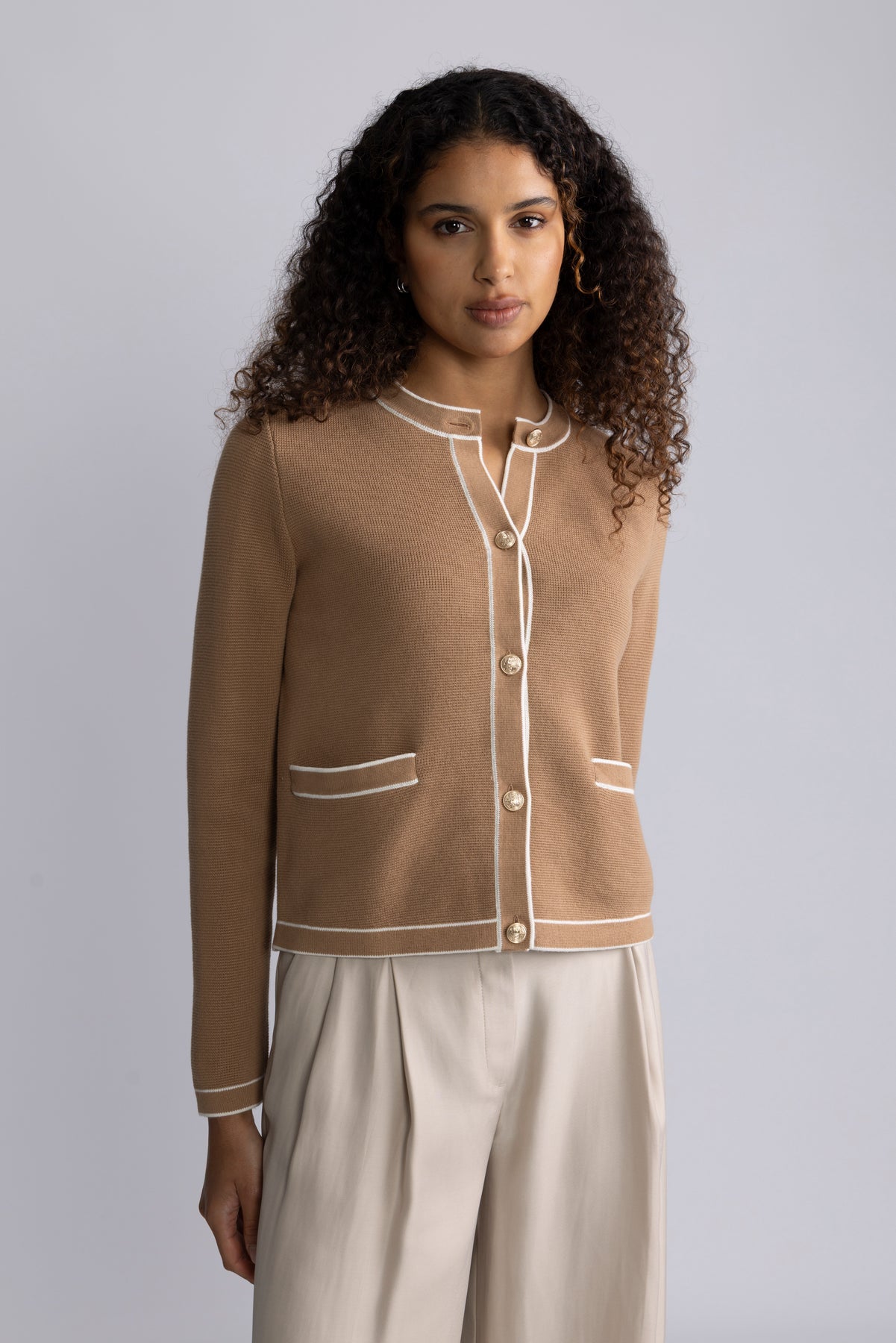 Contrast Knit Cardigan - Warm Khaki