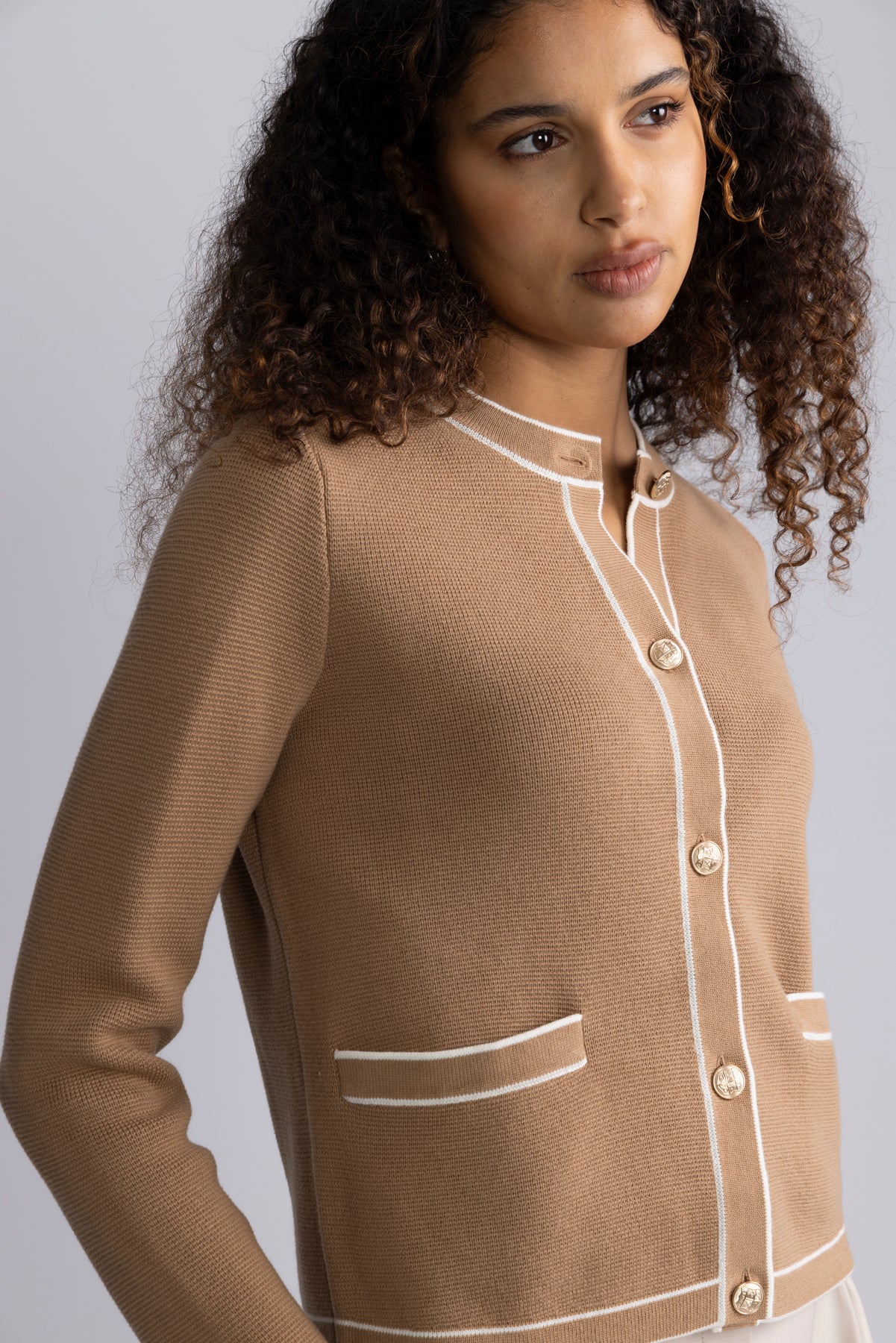 Contrast Knit Cardigan - Warm Khaki