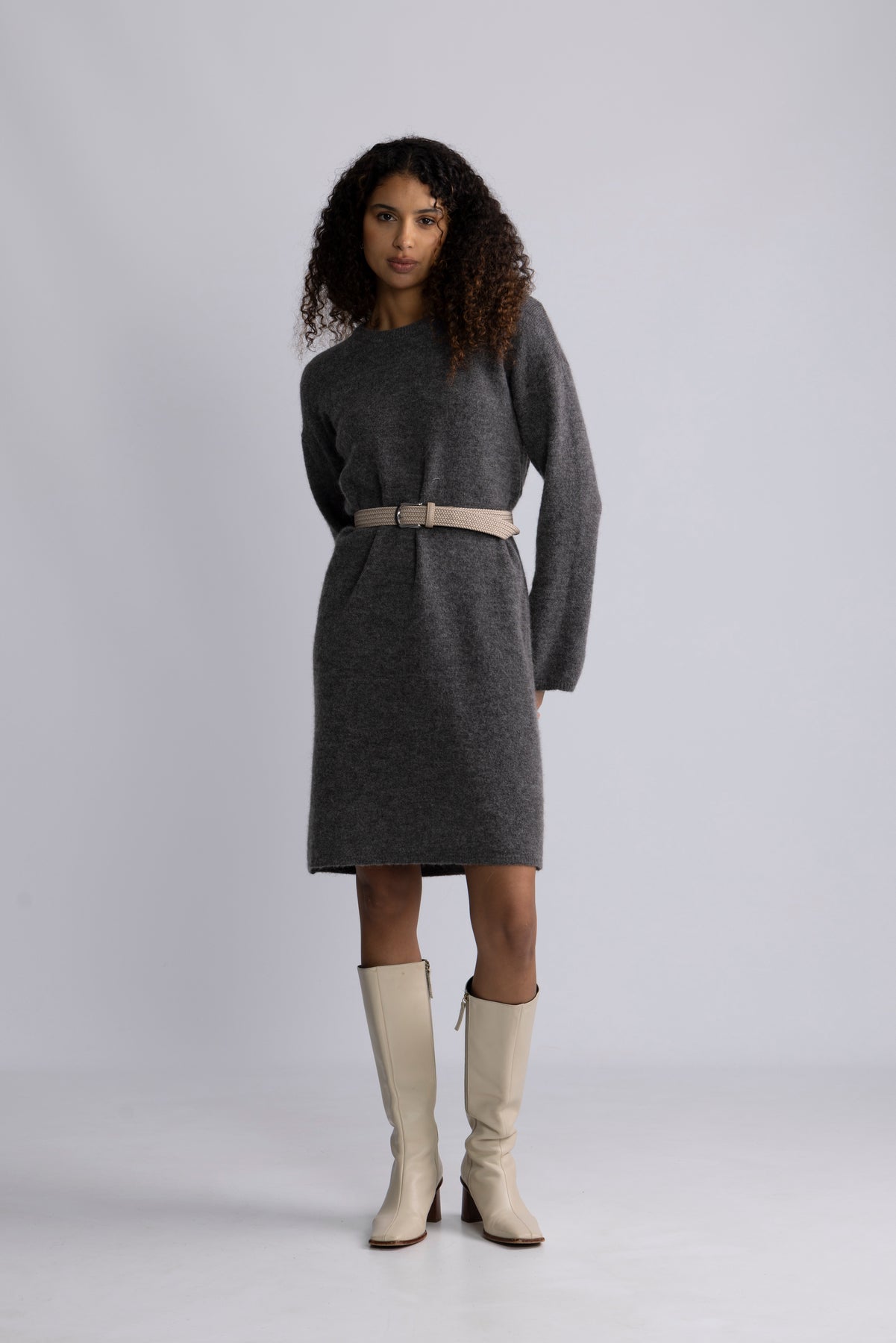 Lulu Ls Knit New O-Neck Dress - Medium Grey Melange