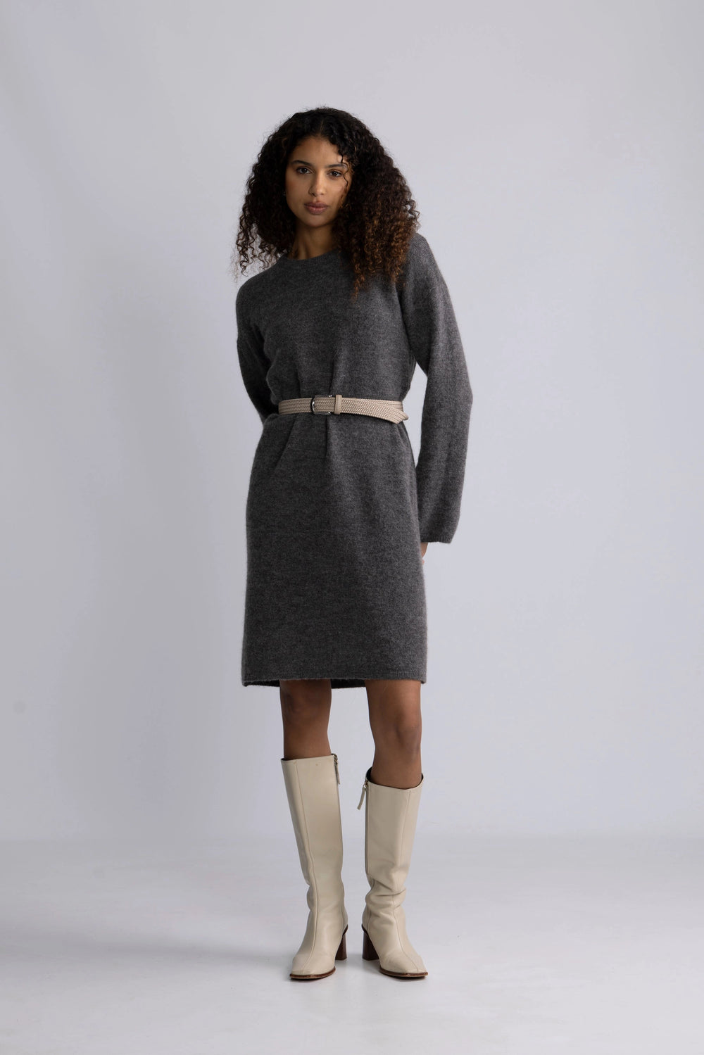 Lulu Ls Knit New O-Neck Dress - Medium Grey Melange