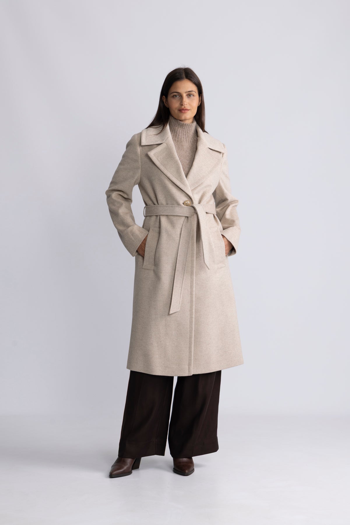 Cashmere Coat W Clareta Belt Midi - Champagne Beige