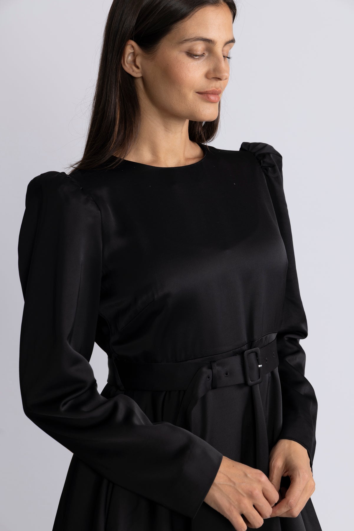 Tailored Satin Belt Dress - Black