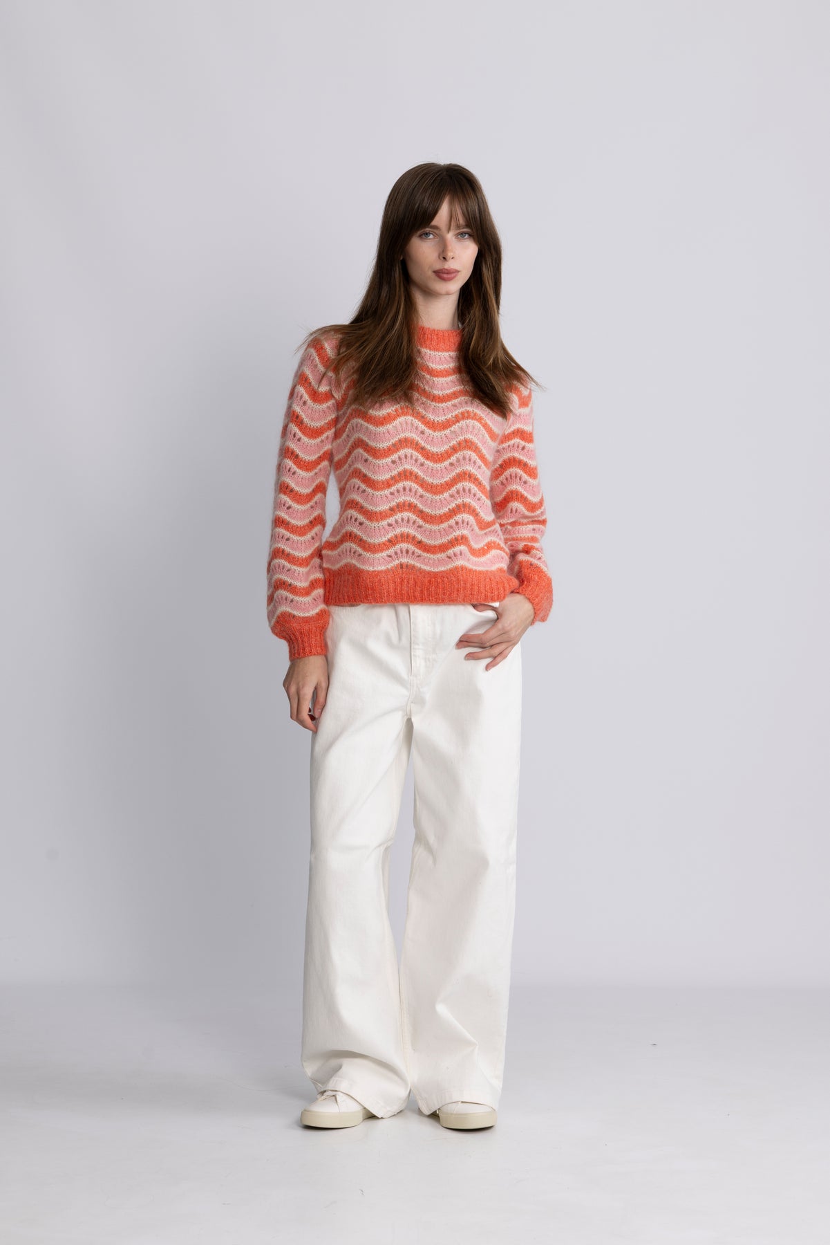 Yasemani Ls Knit Pullover S. - Hot Coral Tickled Pink + Birch