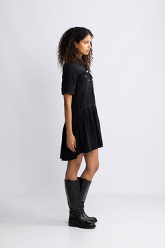 Soft Rigid Denim Mini Dress - Black Washed