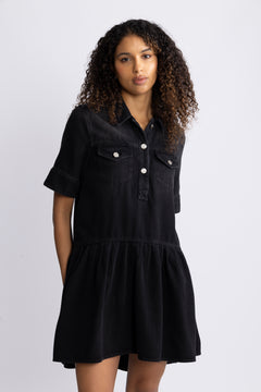 Soft Rigid Denim Mini Dress - Black Washed