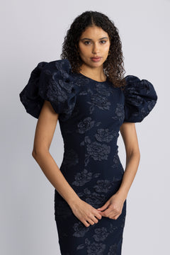 Jacquard Midi Puff Dress - Sky Captain (Dark Blue)