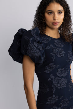 Jacquard Midi Puff Dress - Sky Captain (Dark Blue)