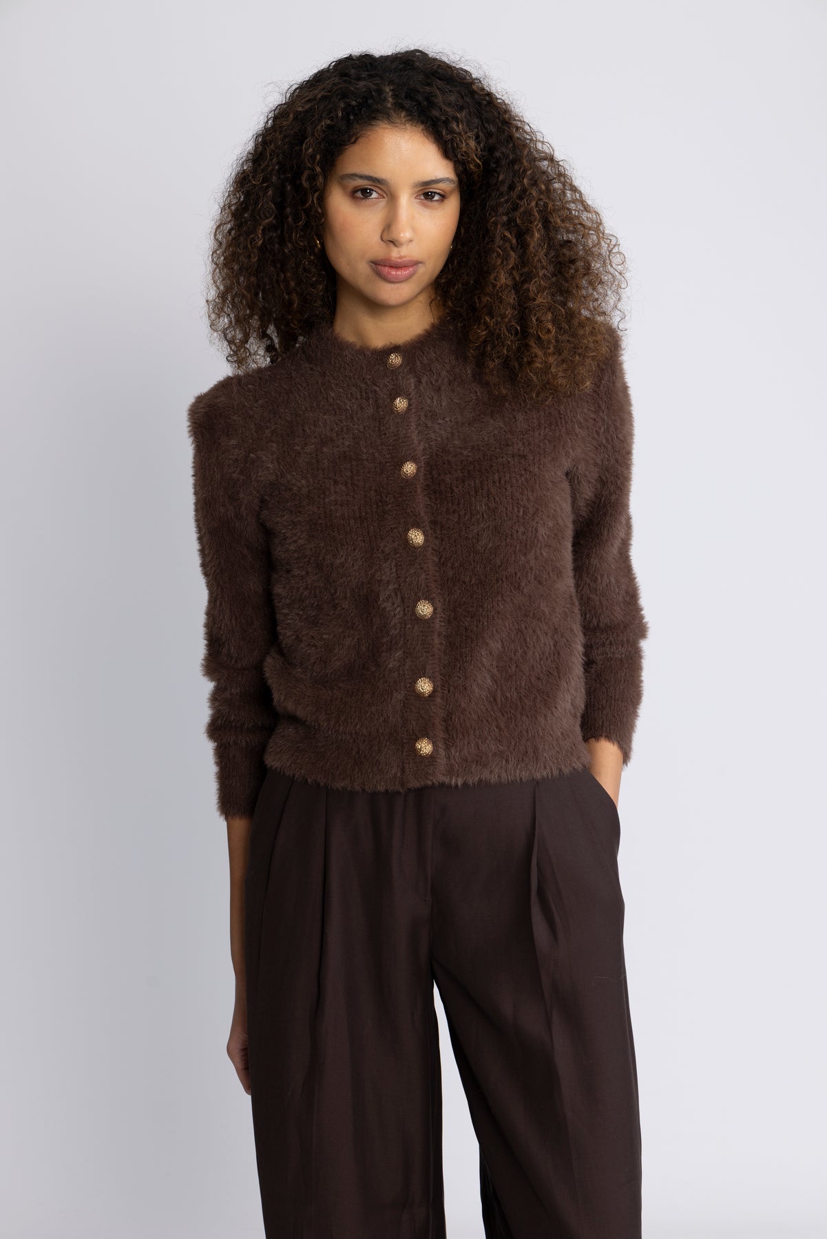 Yasmey Ls Knit Cardgian - Hot Fudge
