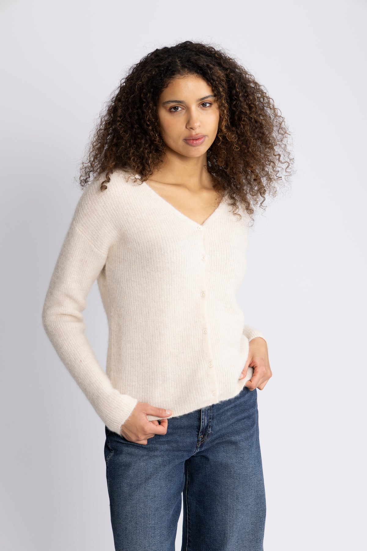 Sia Ras Ls Knit V-Neck Cardigan - Birch Melange