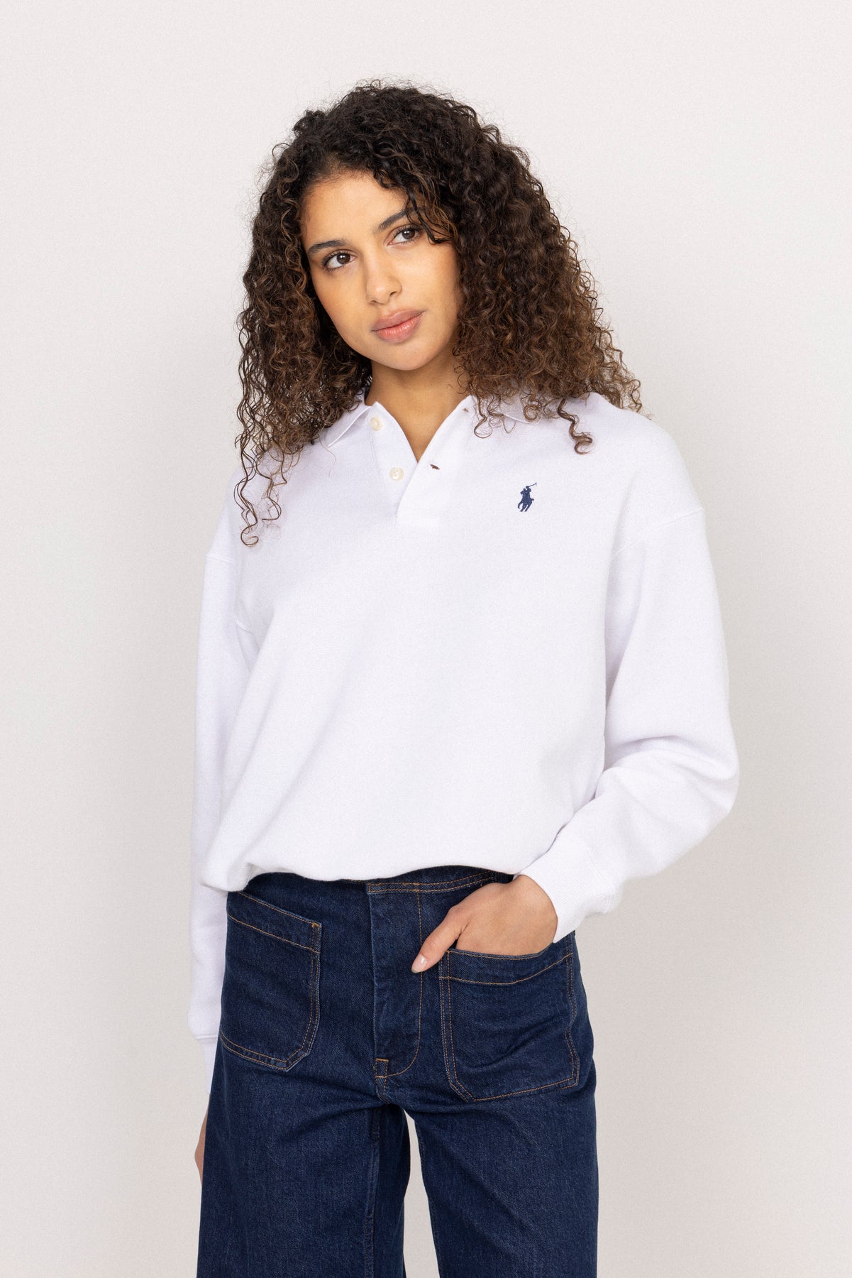 Polo-Collar Fleece Pullover - White