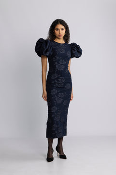 Jacquard Midi Puff Dress - Sky Captain (Dark Blue)