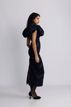 Jacquard Midi Puff Dress - Sky Captain (Dark Blue)