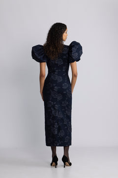 Jacquard Midi Puff Dress - Sky Captain (Dark Blue)
