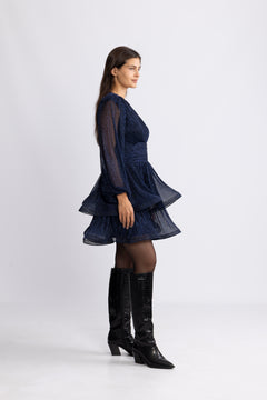 Jade Wave Plisse Dress - Navy