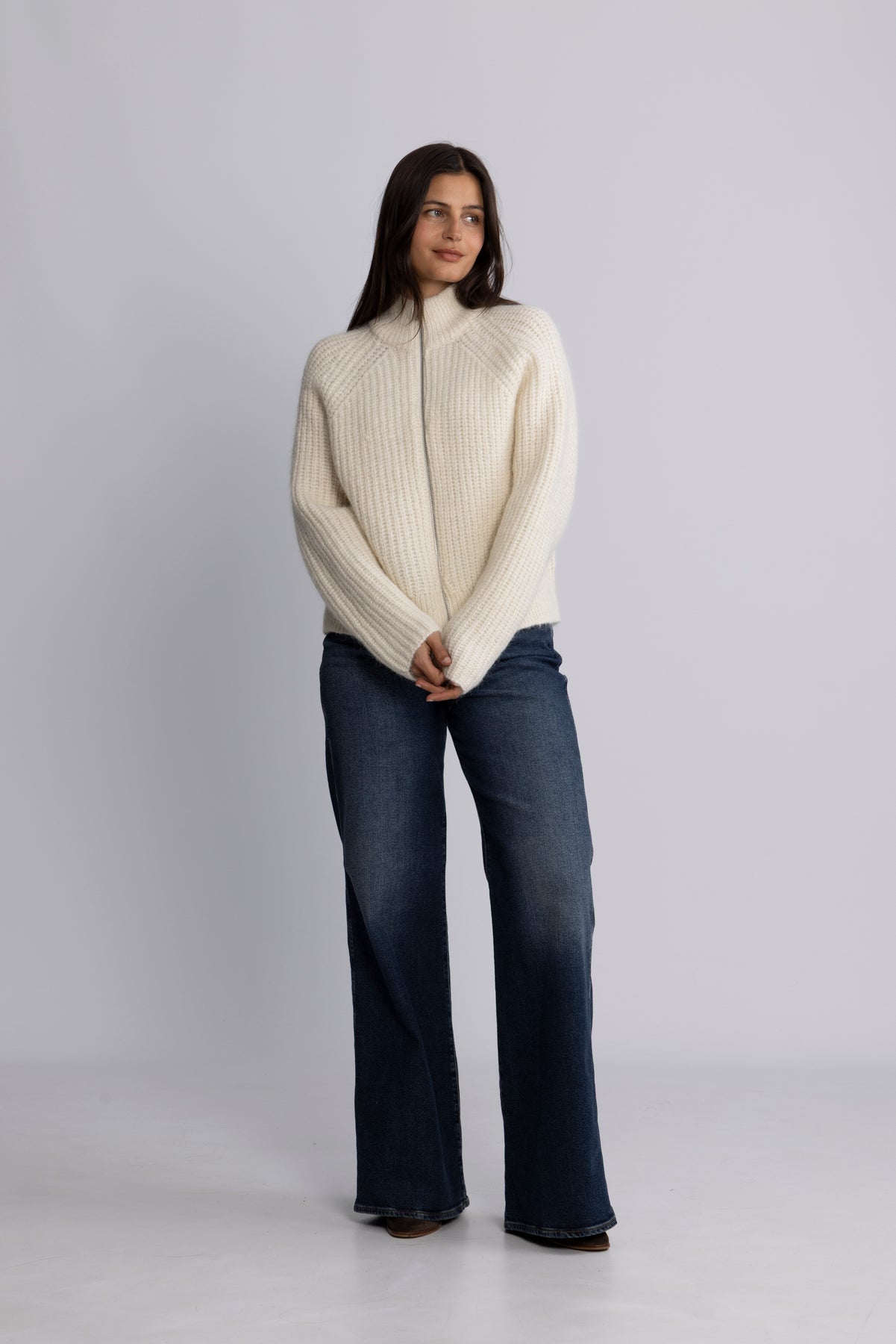 Anjuli Ls Knit Zip Cardigan - Snow White Melange