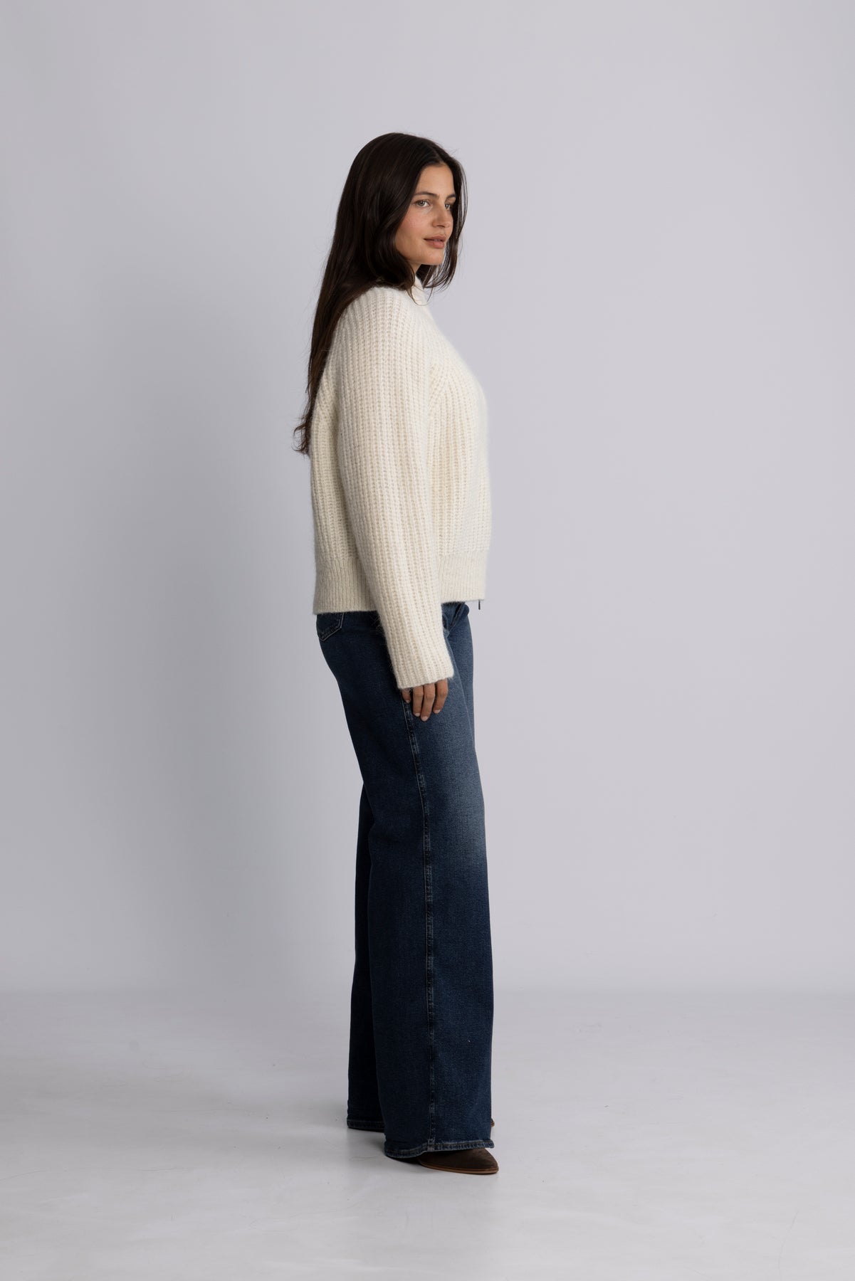 Anjuli Ls Knit Zip Cardigan - Snow White Melange