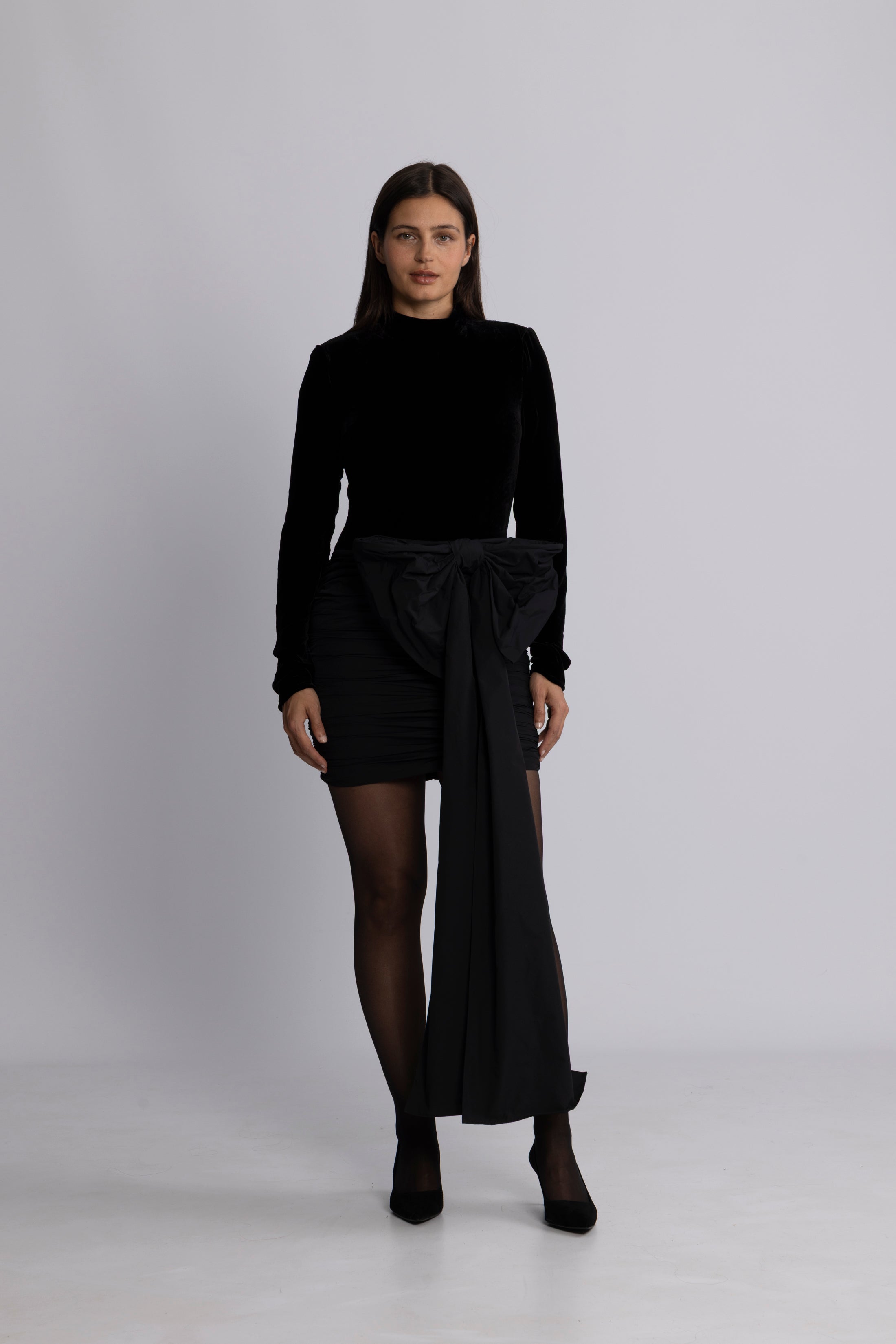 Velvet Bow Mini Dress - Black