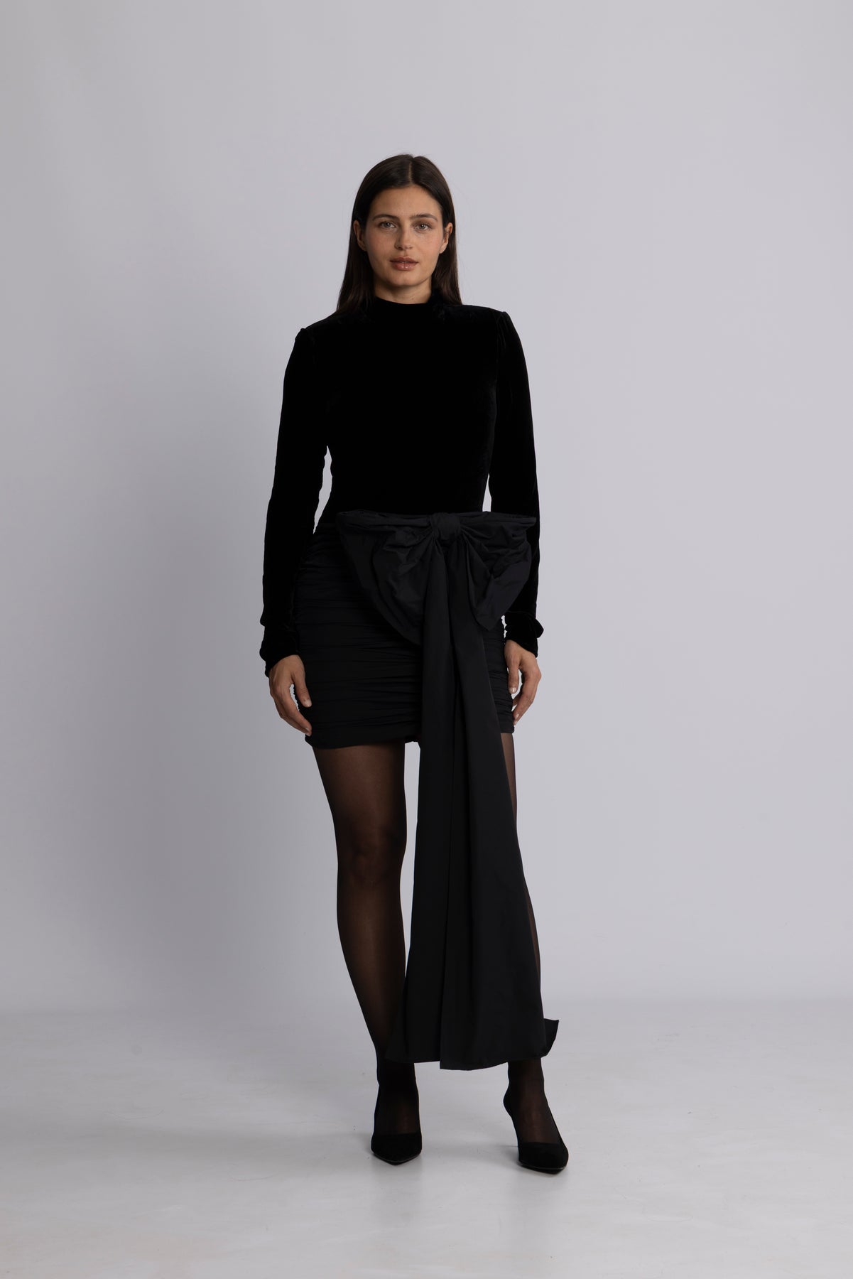 Velvet Bow Mini Dress - Black