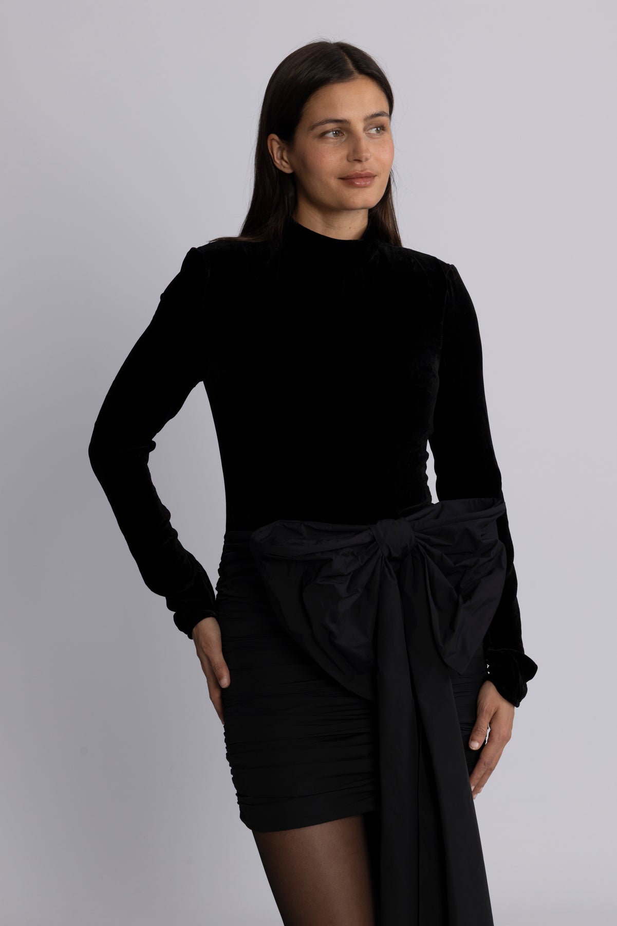 Velvet Bow Mini Dress - Black