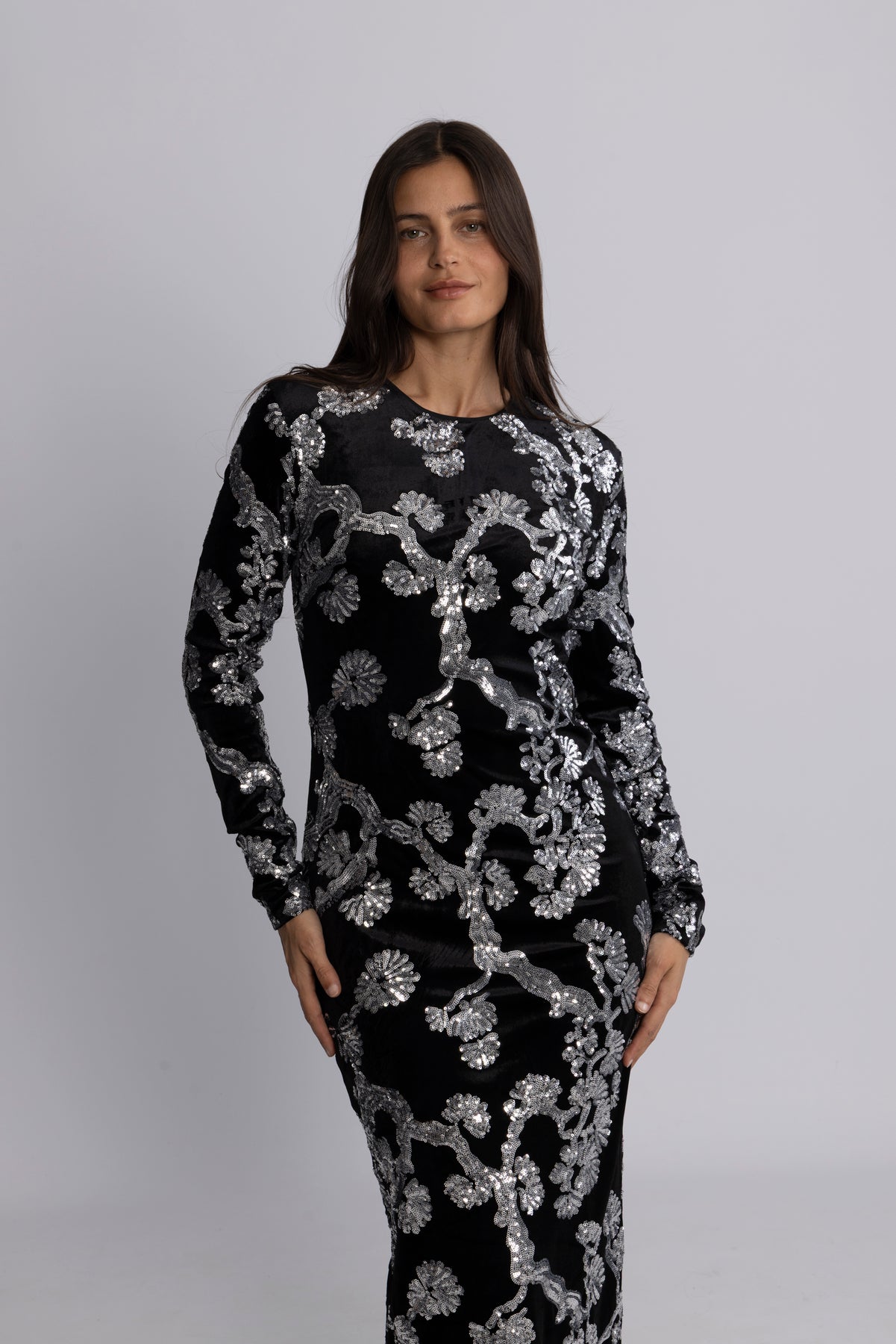 Yasflorana Ls Long Dress - Black Silver Sequins