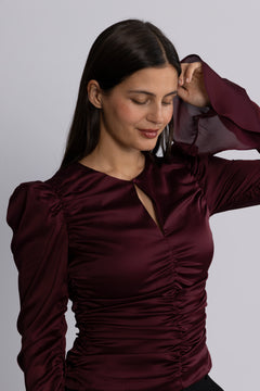 Chiffon Ruched Ls Top - Zinfandel