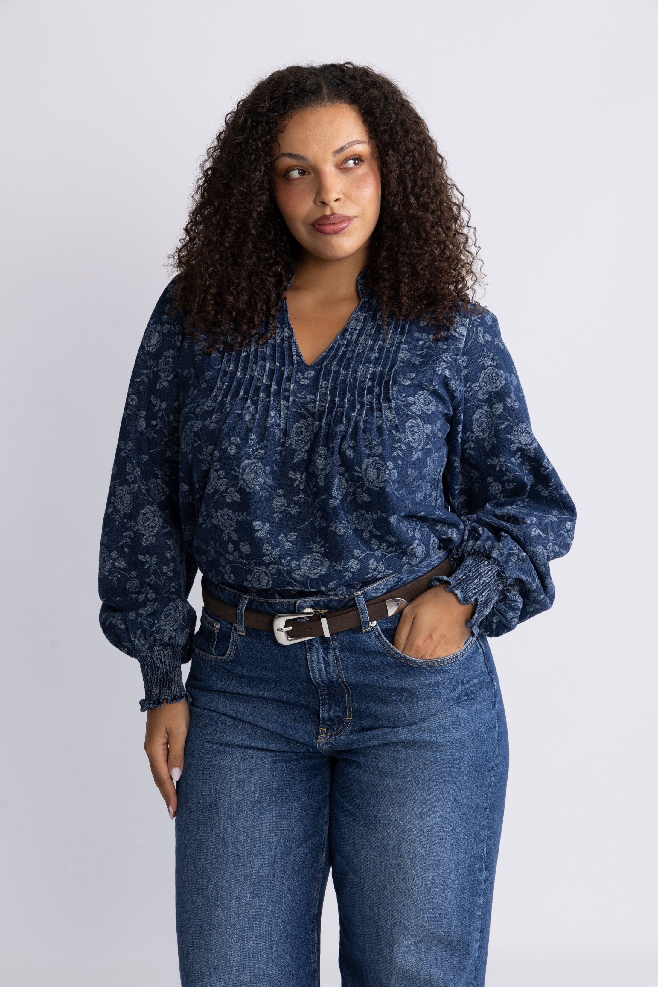 Emma Denim Jacquard Blouse - Blue Flower