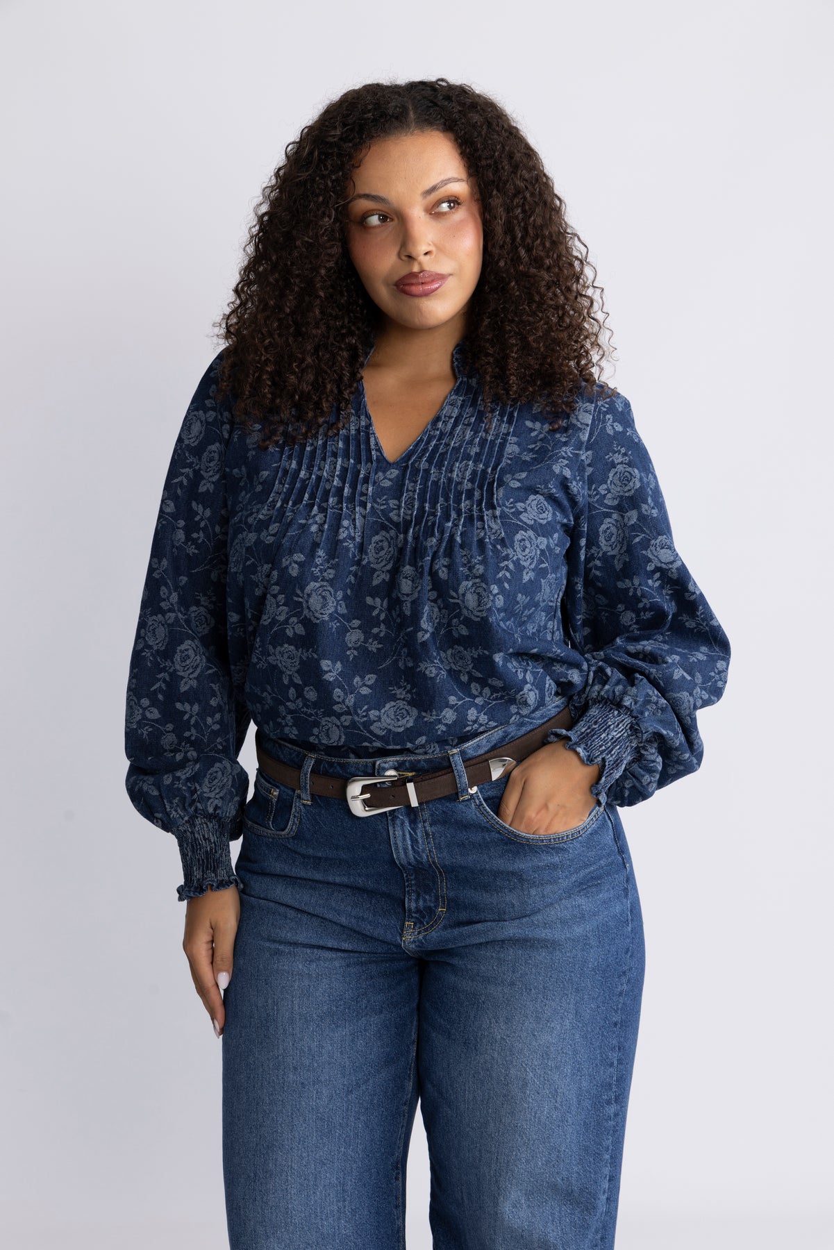 Emma Denim Jacquard Blouse - Blue Flower