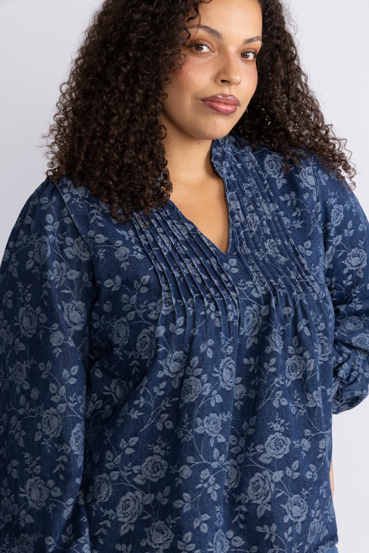 Emma Denim Jacquard Blouse - Blue Flower