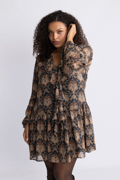 Hellvi Ruffle Chiffon Dress - Beige Paisley