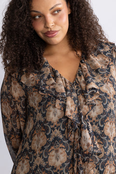 Hellvi Ruffle Chiffon Dress - Beige Paisley