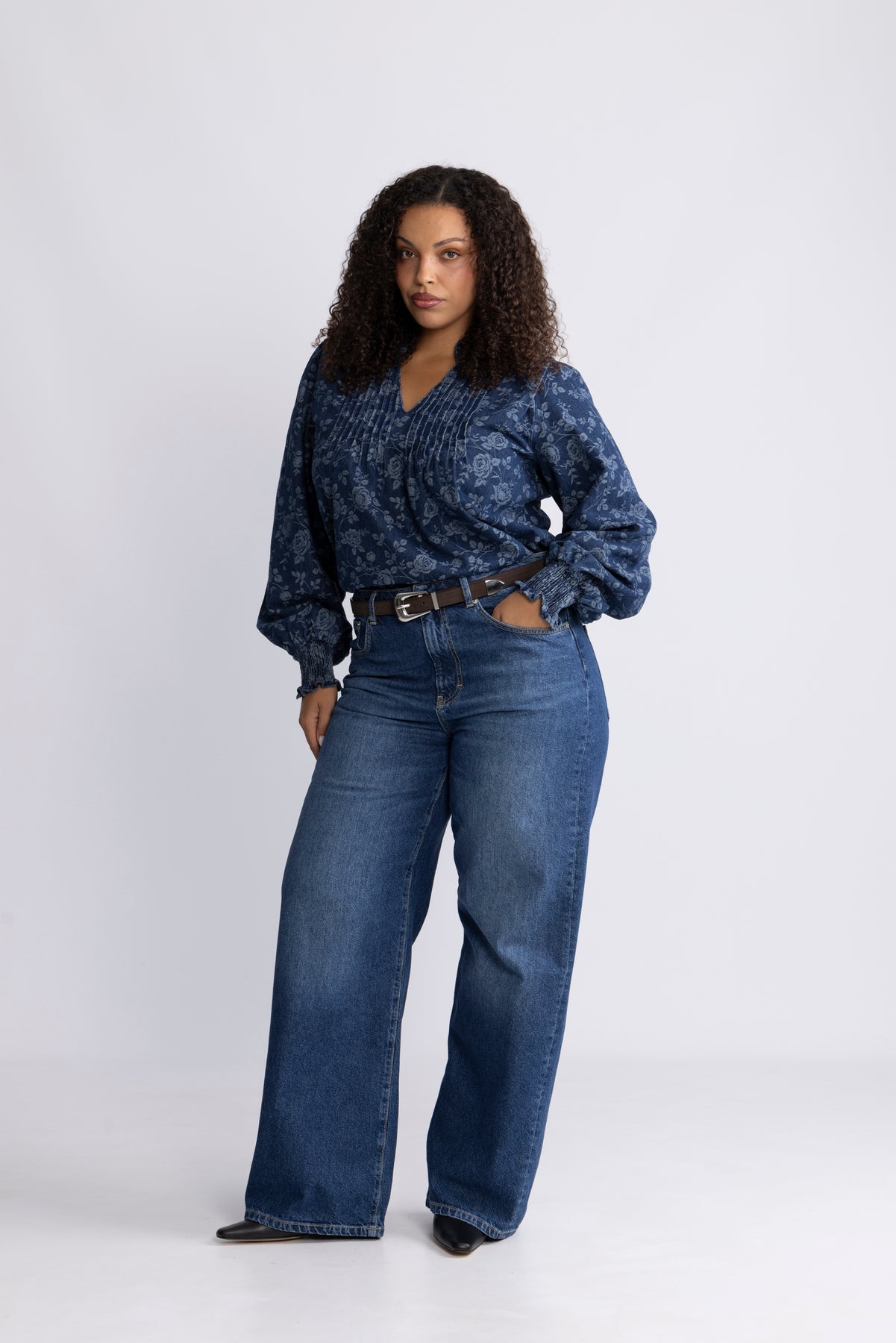 Emma Denim Jacquard Blouse - Blue Flower