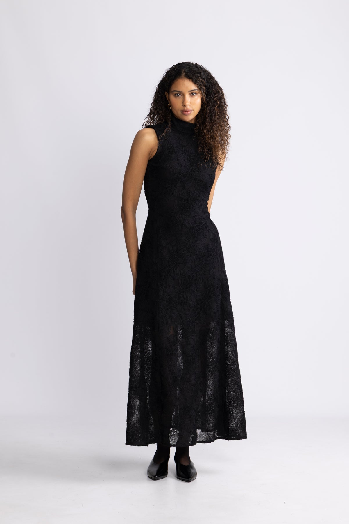 Flower Mesh Maxi Dress - Black