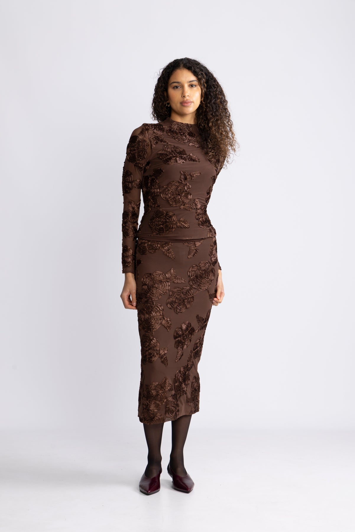 Flower Mesh Pencil Skirt - Chicory Coffee