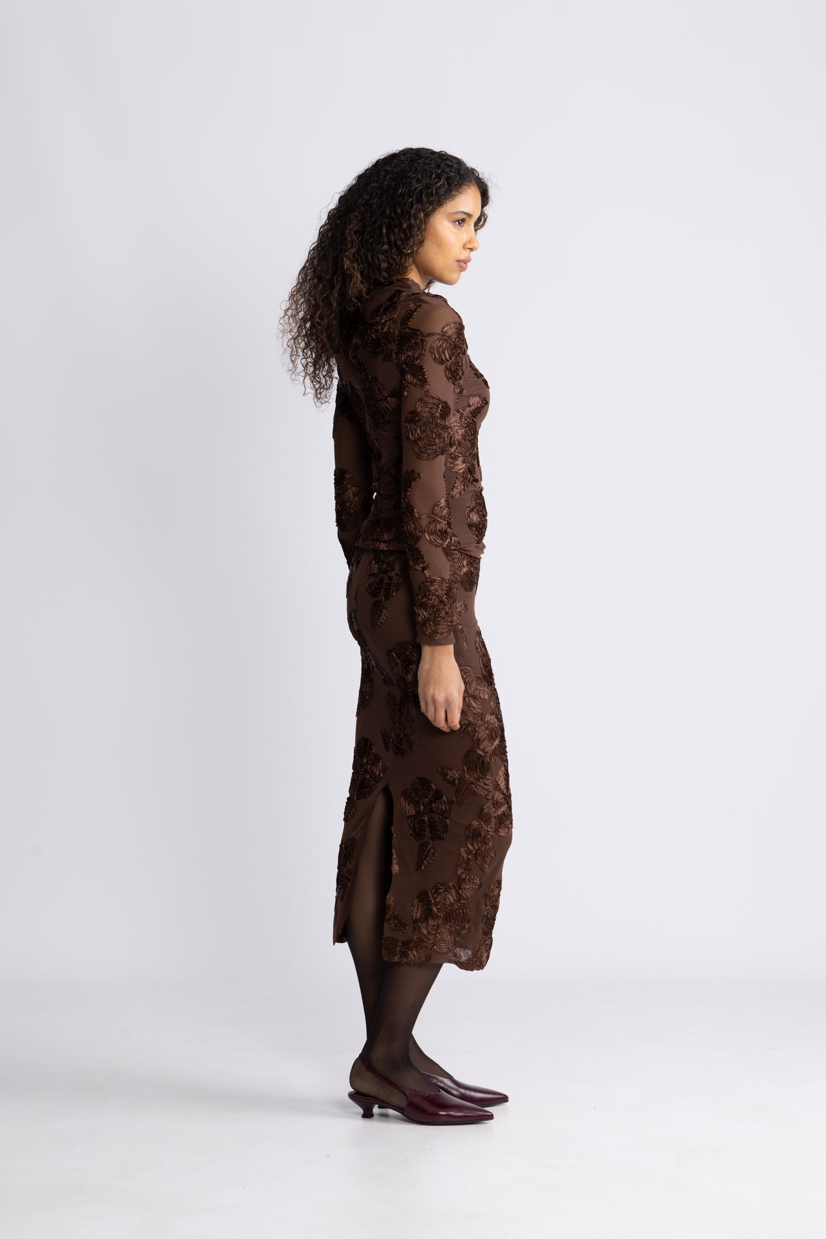 Flower Mesh Pencil Skirt - Chicory Coffee