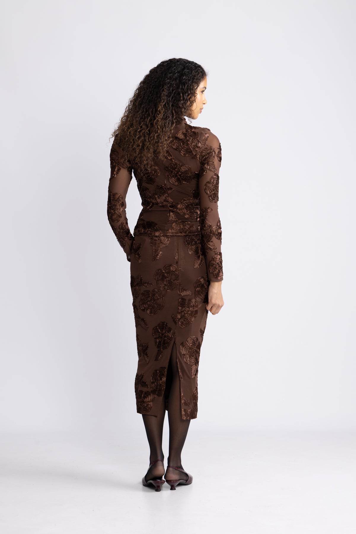 Flower Mesh Pencil Skirt - Chicory Coffee