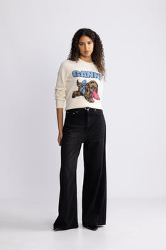 Graphic Wool Mix Fluffy Puppy Love Crewneck - Egret