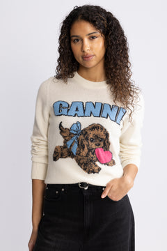 Graphic Wool Mix Fluffy Puppy Love Crewneck - Egret