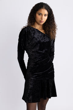 Velour Jersey Crossover Ruched Mini Dress - Black