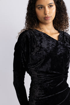 Velour Jersey Crossover Ruched Mini Dress - Black